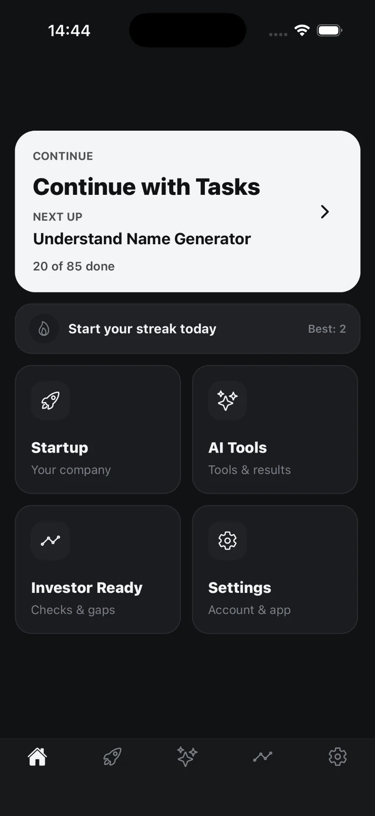 Aedaris Entrepreneur home screen showing the next task, startup workspace, AI tools and Investor Ready
