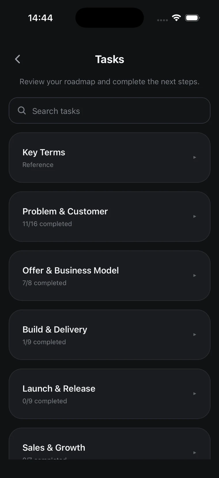 Aedaris task roadmap with startup work grouped into clear categories